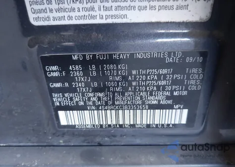 2011 Subaru Outback z USA, uszkodzony, nr VIN 4S4BRCKC3BV353658